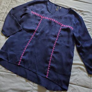 Willi Smith Navy Satin Embroidered Blouse Top Shirt